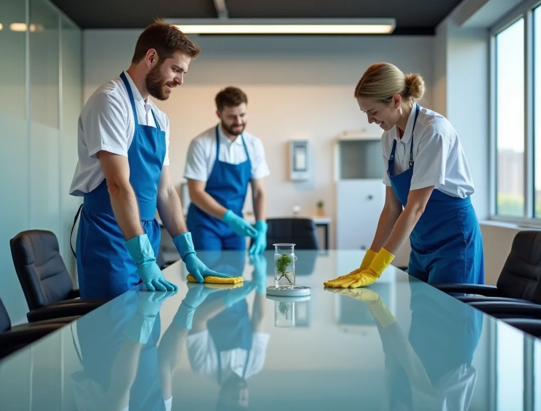 Team of cleaners in uniforms sanitizing glass conference table
